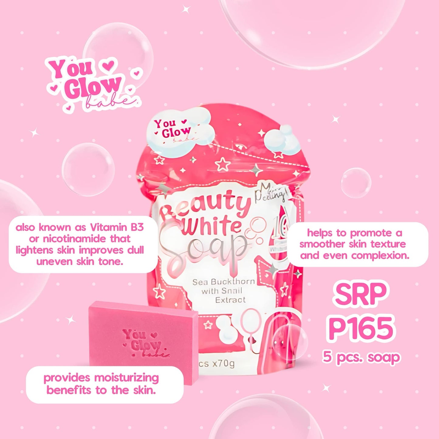 BEAUTY WHITE SOAP 10x WHITENING, MICROPEELING by YOU GLOW BABE 5pcs PER PACK