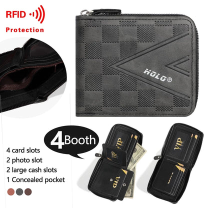 HOLO Men's Wallet Short Vintage Leather Tri-Fold Buckle Wallet Zipper Coin Purse Ideal Gift For Men