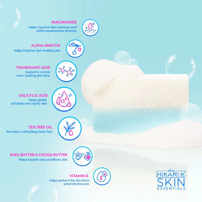 HIKARI ULTRA BRIGHT MIRACLE SOAP 5BARS PER PACK - WITH NIACINAMIDE, ALPHA ARBUTIN AND LICORICE