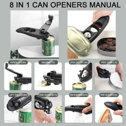 Multifunctional 8 in 1 Manual Can Opener Ergonomic Bottle Opener with Rotary Handle Portable Beer